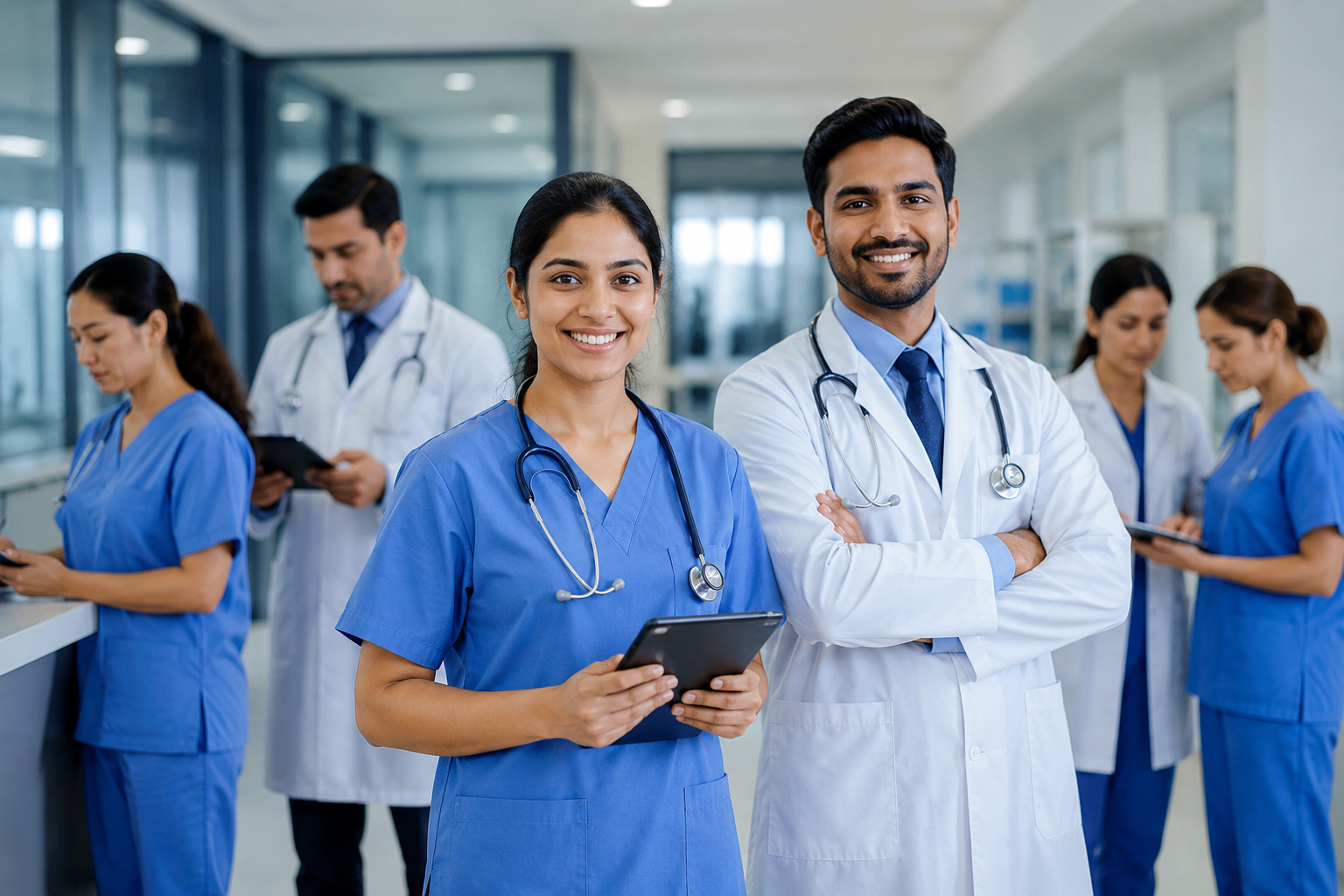 Healthcare professionals in a hospital corridor